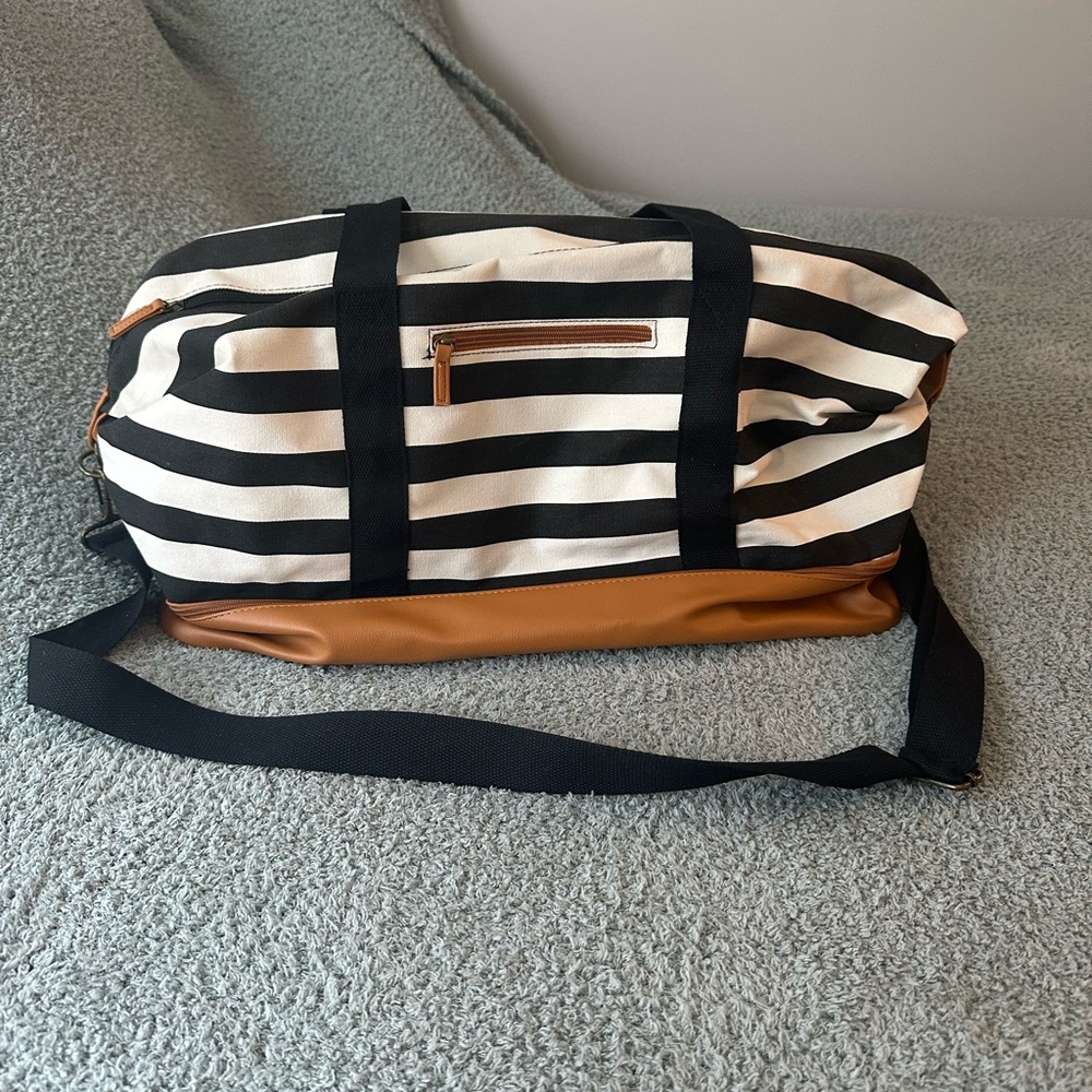 Striped Black and White Duffel Bag with Tan Accents
